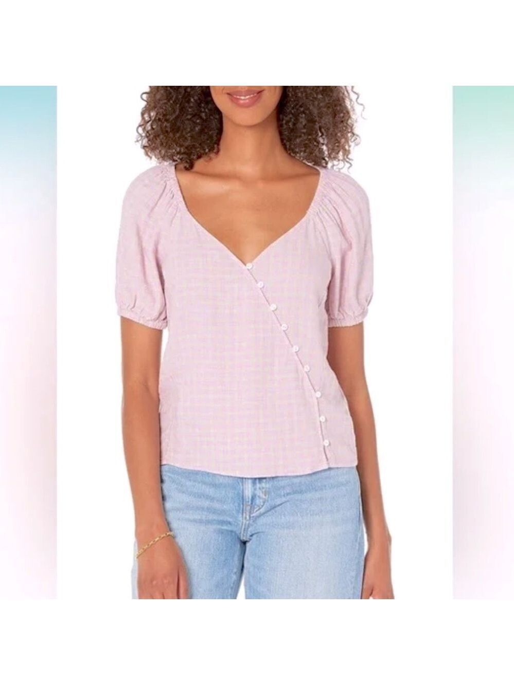 NWT Madewell Linen Blend Puff Sleeve Button Wrap Top Plaid Sweet Lavender Large
